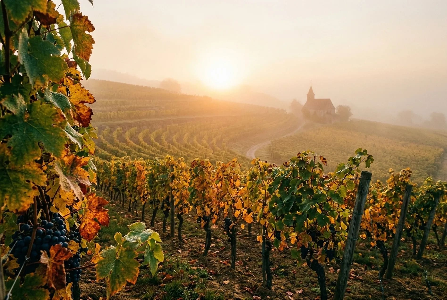 Rangs de vigne à l'automne se dissolvant dans la brume d'aube, feuillage or et rouille