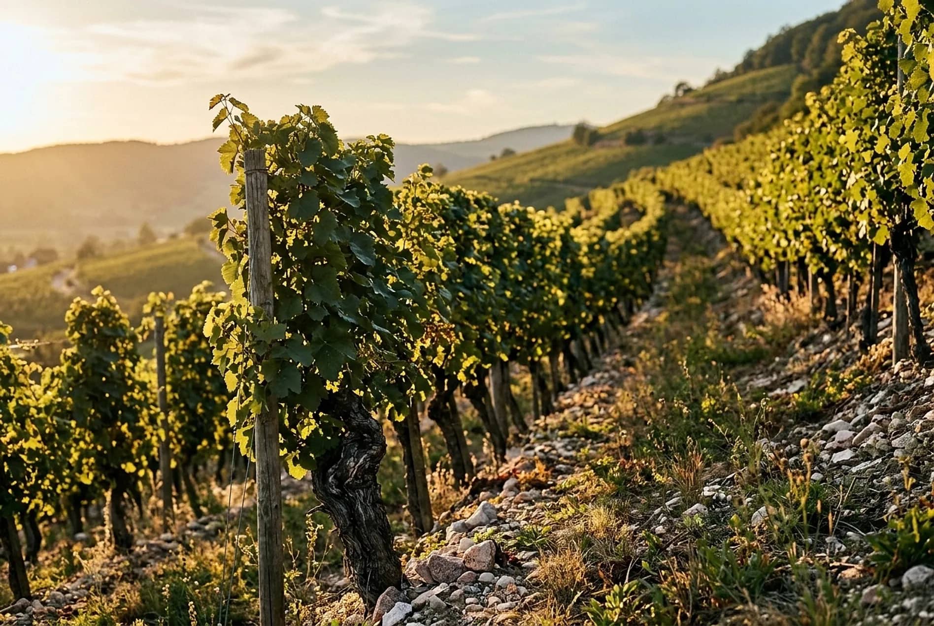 Le lieu-dit Sonnenhalt, vieilles vignes de Riesling sur une pente de granite et de marne au soleil rasant