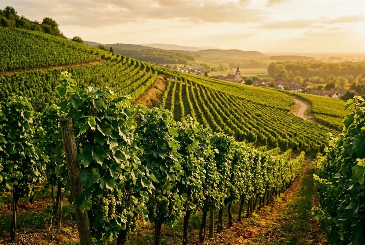 Rangs de vigne denses et verts sur la pente en plein été, lumière dorée de fin de journée