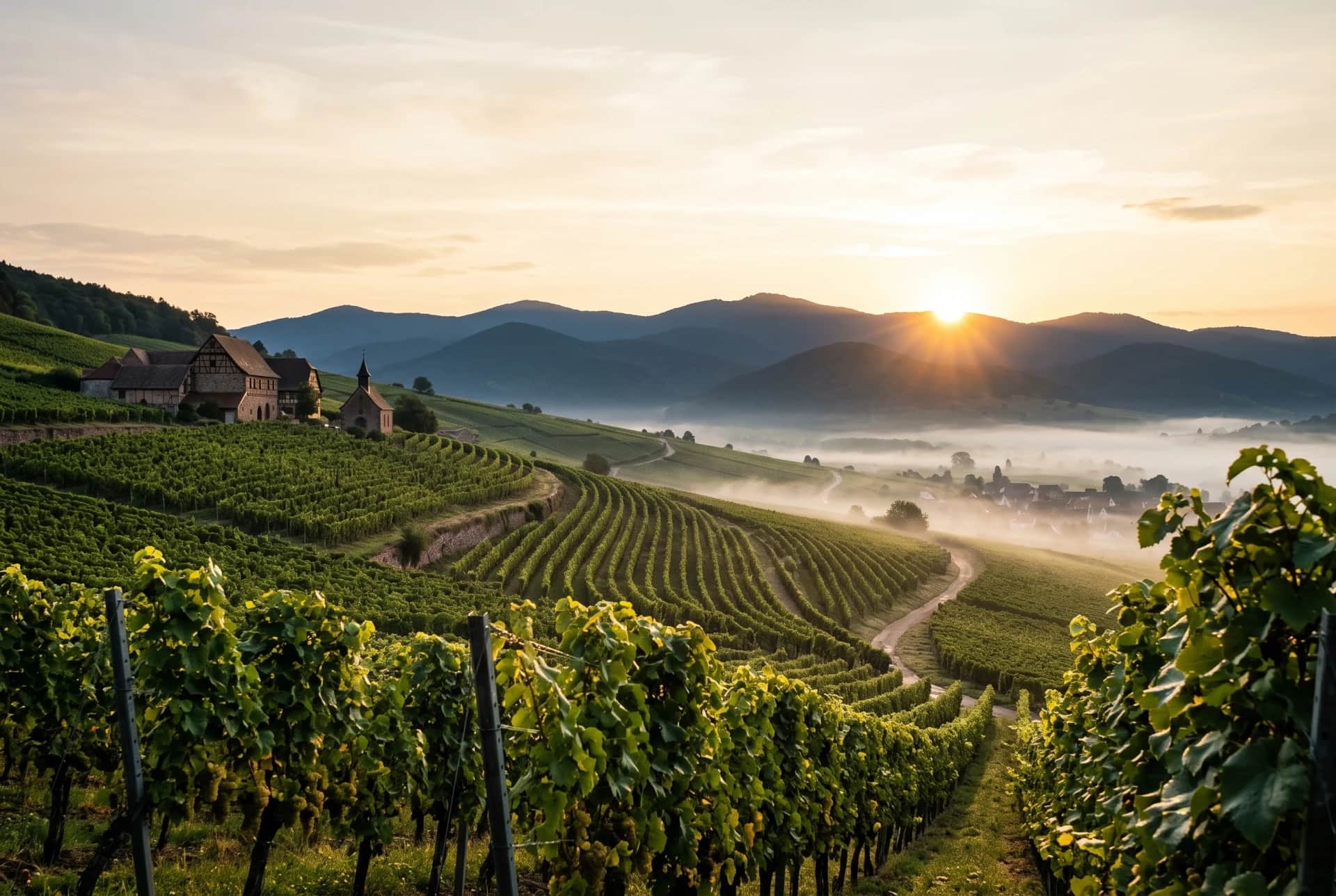 Les vignes de Riesling du Domaine Hartwiller à l'aube, brume sur la vallée et silhouette des Vosges
